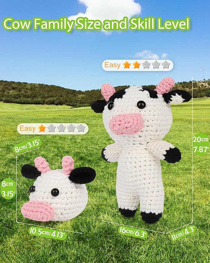 Aeelike Beginner Crochet Kit for Adults, Crochet Starter Kit with Step-by-Step Instructions and Easy See Stitches Yarn, Cute Cow Family