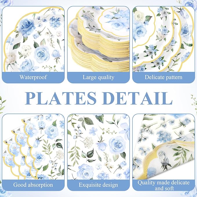 Pickmesh 194 Pcs Blue Floral Party Supplies for 24 Guests, Spring Floral Paper Plates and Napkins Cups Tablecloth Cutlery for Women Birthday Tea Bridal Shower Garden Party Supplies