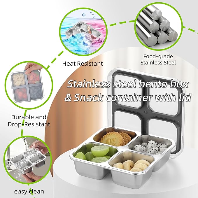 BEFOY 4 Pack Stainless Steel Snack Containers with Lids 4 Compartment Food Storage Containers for Adults & Kids Meal Prep Containers Reusablele (grey, 2)