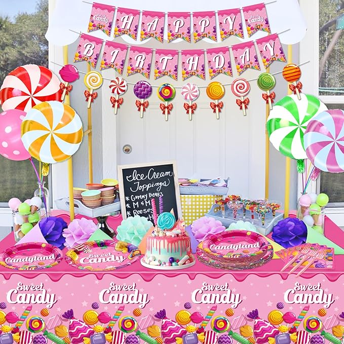 Candyland Party Decorations - 81Pcs Plates, Napkins, Candy Tablecloth, Pink Forks Set for Lollipop Theme Birthday Party Decorations Candy Theme Party Supplies, Serve 20