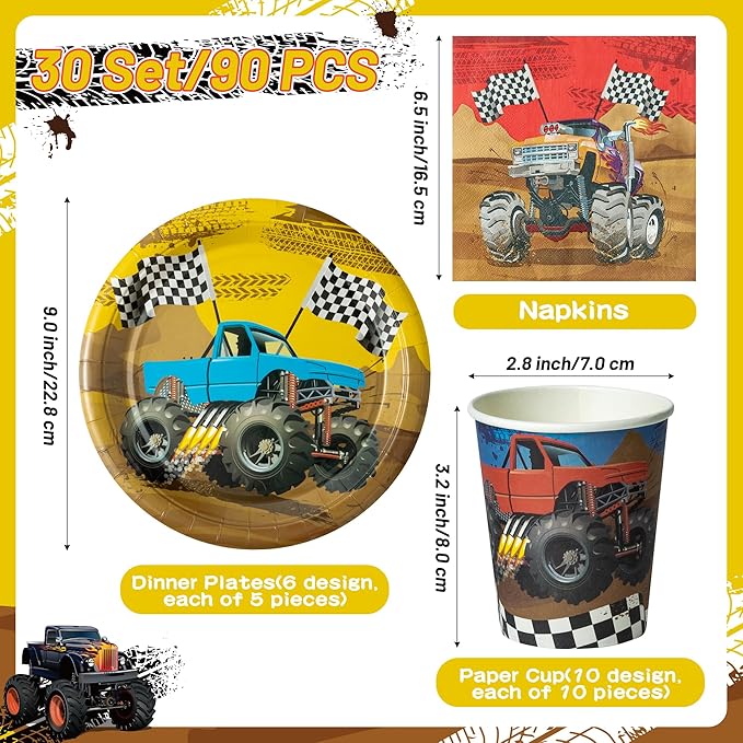 K1tpde Monster Truck Party Tableware - 30set Monster Truck Theme Tablewares Set Included Disposable Checkered Flag Paper Cup Napkins for Boys Happy Birthday Decorations Party Suppliess, 30 Guest