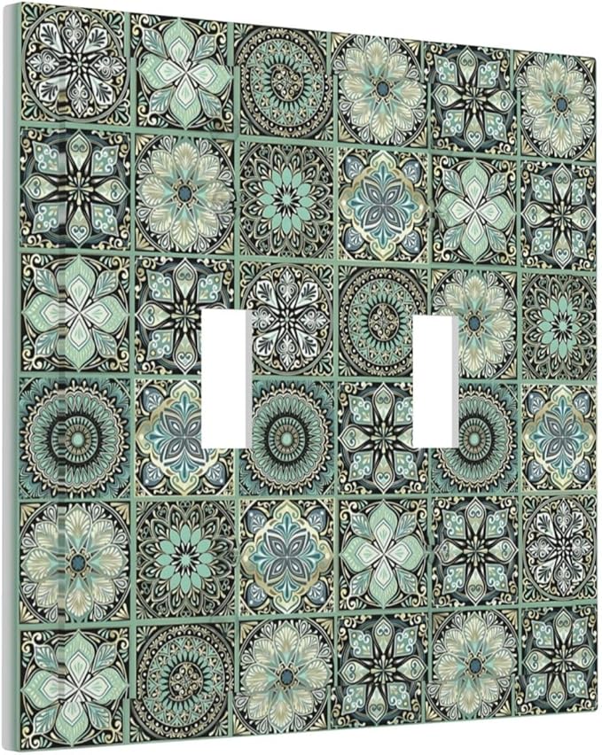 Moroccan Mandala Tile Floral Talavera Tiles Decorative Switch Plates 2 Gang Double Toggle Outlet Light Switch Cover Wall Plate Electrical Faceplate for Bathroom Kitchen Decor