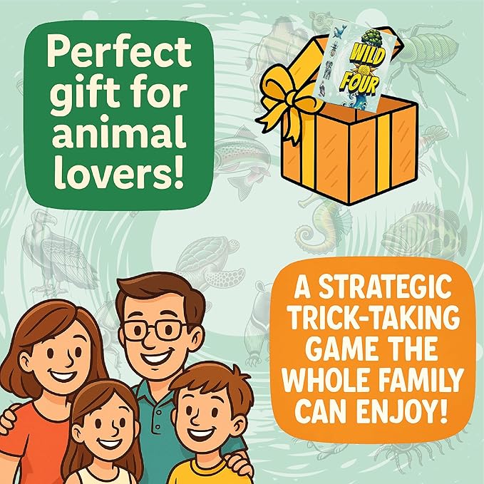 Wild Four – Family-Friendly Trick-Taking Card Game with Bugs, Birds, Fish, And Mammals - Easy Rules, No Pen And Paper Required - Gifts For Animal Lovers - Ages 8+, 3-8 Players, 20 Mins