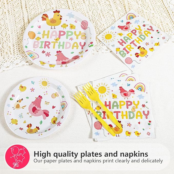 Grencian Chicken Birthday Party Decorations - 96Pcs Little Chick Birthday Plates and Napkins Farm Animal Barnyard Baby Shower Disposable Tableware for Kids Boys Girls Chicken Themed Party Decorations