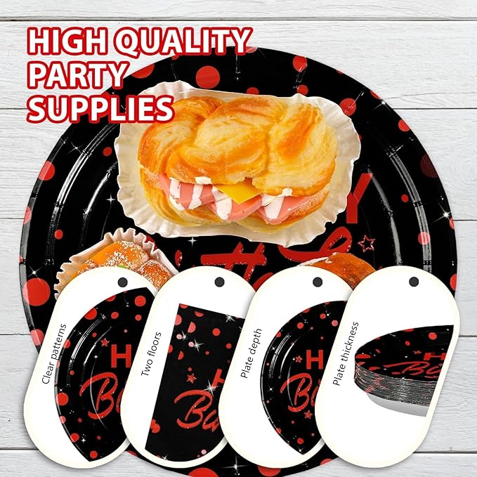 Grencian 96Pcs Red and Black Birthday Party Decorations Red Polka Dots on Black Paper Plates and Napkins Disposable Dessert Tableware for Men Women Birthday Party Graduation Decorations 2026 Serves 24