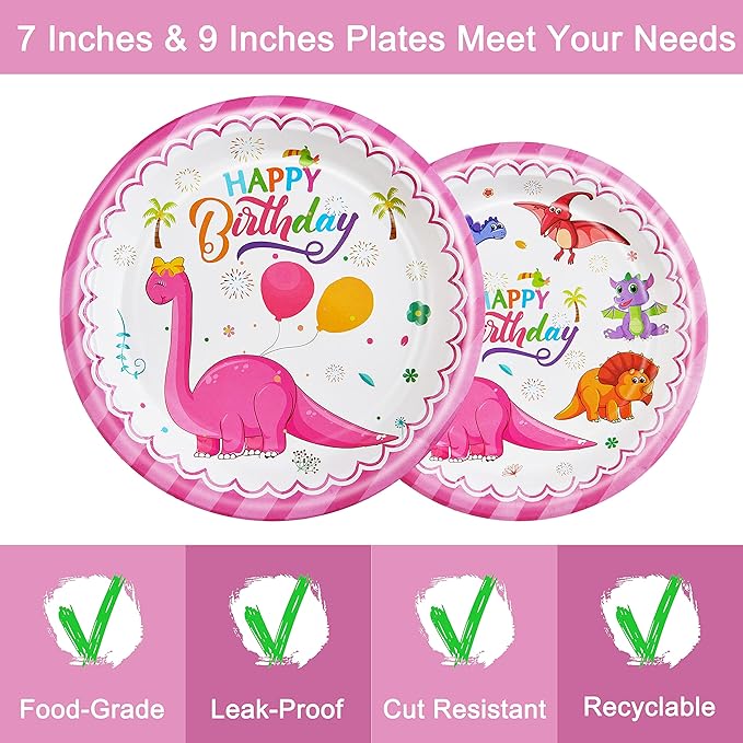 96 Pcs Dinosaur Birthday Party Plates Napkins Forks Supplies Tableware Set Disposable Table Dinosaur Theme Decoration for Girl Birthday Party, Serves 24 Guests