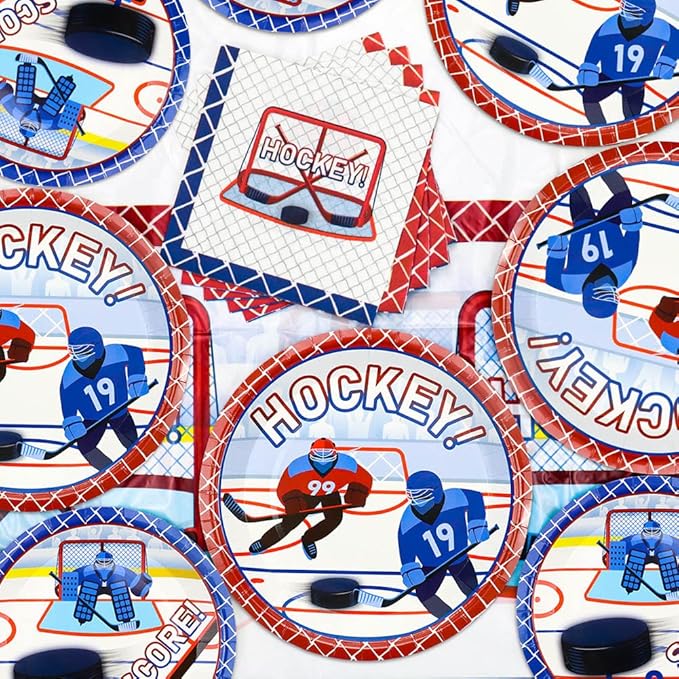 Hockey Party Supplies - Serve 20-81Pcs Plates, Napkins, Tablecloth, Forks Set for Kid's Hockey Fans Birthday Gameday Theme Party Decorations