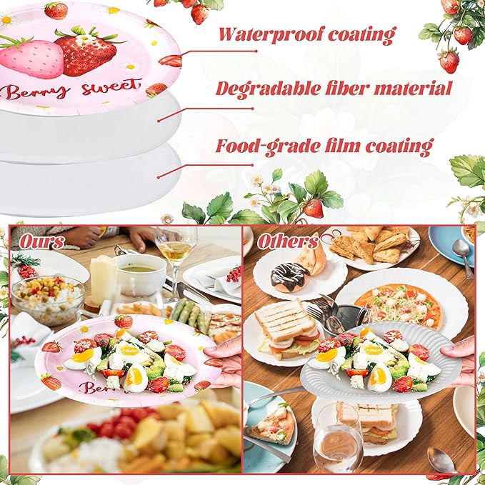 Strawberry Party Supplies - 96Pcs Adorable Watercolor Strawberry Plates Napkins Forks Tableware Set, Disposable Paper Plates Party Decoration for Kids Birthday Picnic Table Decor, Serve 24