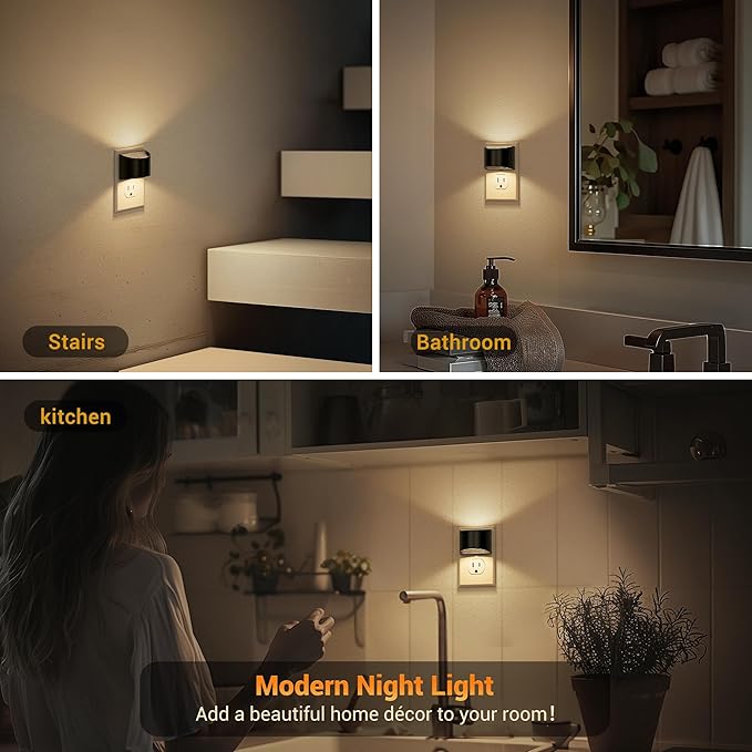 JandCase Night Light, Automatic Night Lights Plug into Wall, 4 Pack Dusk to Dawn Sensor Nightlight, 3000K Soft White Brightness Adjustable Nightlight for Kids Bedroom Hallway Kitchen