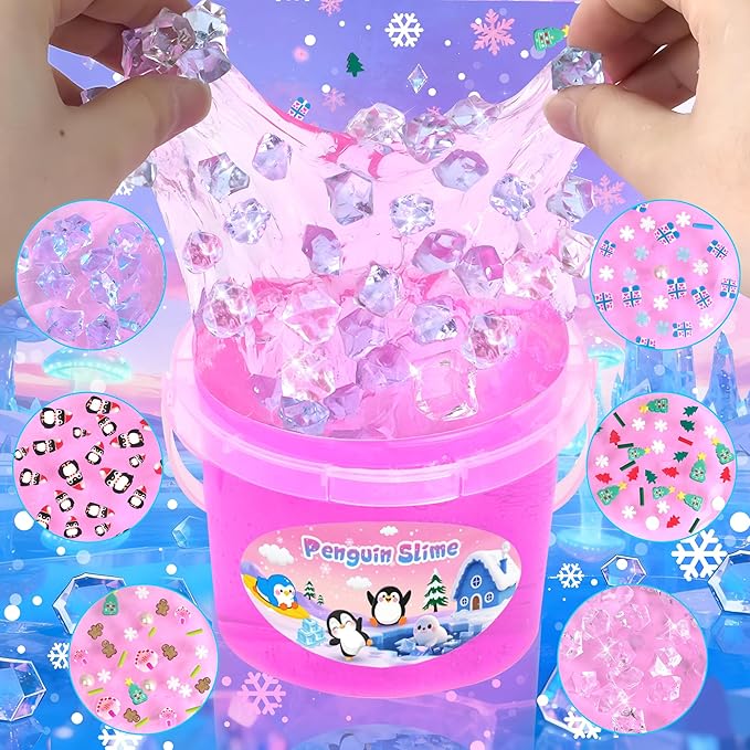 Penguin Slime Kit 10oz, Big Clear Slime Bucket with Cute Charms, Soft Non-Sticky Pink Slime Sensory Toys, Goodie Bag Stuffers Party Favors Birthday Gifts for Boys Girls Ages 4-12