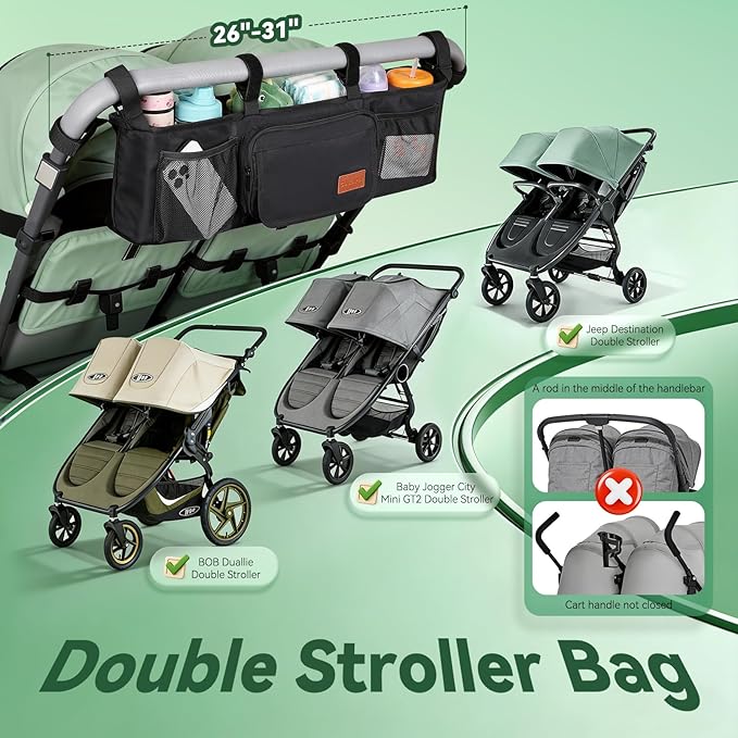 Guiseapue Double Stroller Organizer with 2 Insulated Cup Holders: Parent Console Double Jogging Stroller Accessories Fits for Baby Jogger City Mini GT2 and Jeep Double Stroller