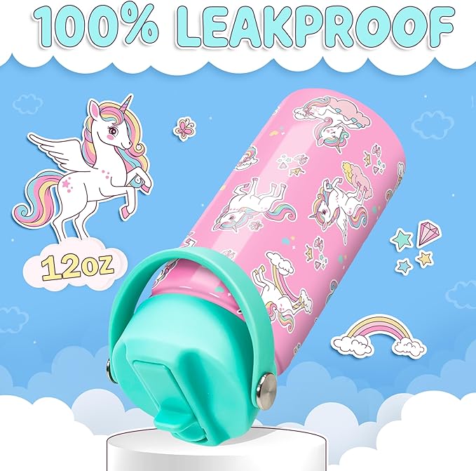 Unicorn Water Bottle - Kids Water Bottle with Straw Lid - 12 Oz Insulated Stainless Steel Water Bottles for Kid Girls - Travel Cup for School Sports