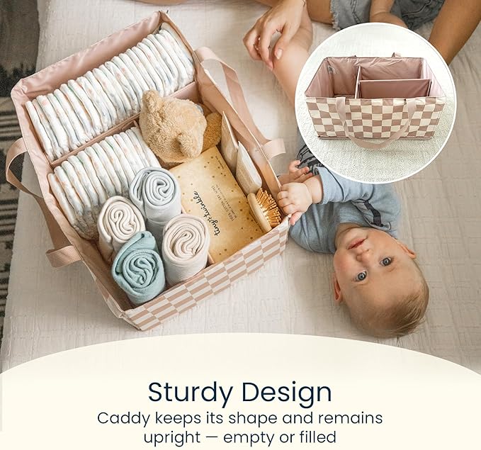 Tiny Twinkle Diaper Caddy Organizer | Foldable Baby Storage Basket with Removable Divider | Waterproof & Mess-Proof Fabric, Portable Nursery Organizer for Newborn Essentials (Sage Checkers)