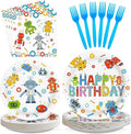 Grencian 96Pcs Robot Birthday Party Supplies Robot Themed Plates and Napkins Disposable Tableware Set for Boys Kids Birthday Party Baby Shower Decorations Serves 24