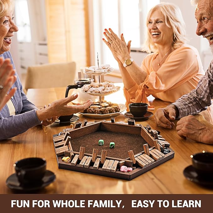 ropoda 6-Way Shut The Box Game-Upgraded 1-6 Player Wooden Dice Game for Adults and Kids, Addition Training, Fun for Family Game Night-Vintage Style