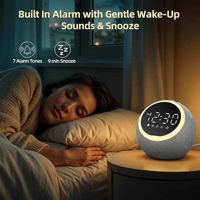 Smart Alarm Clock for Bedrooms, Digital Alarm Clock with White Noise Hatch Sound Machine, 25 Sounds, Night Light, Snooze, Sleep Timer, Adjustable Volume for Kids, Adults,Teens, Heavy Sleepers
