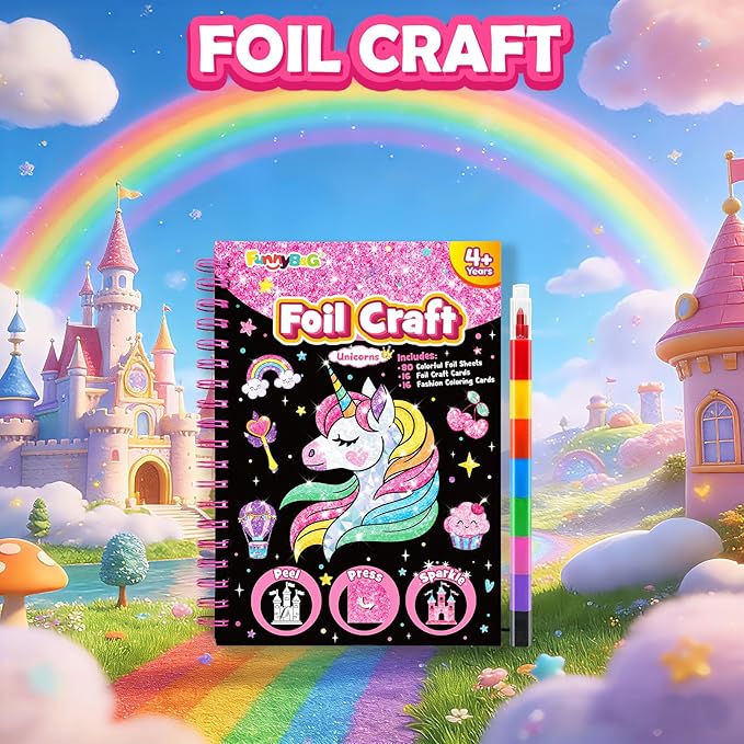 FUNNYB&G Foil Art Crafts for Kids Ages 4-8: Mother's Day 2026, Birthday Gift for Girls, Art and Crafts Supplies, Party Favors, Creative Toys for Girls 4 5 6 7 8 9 Years Old(Unicorns)