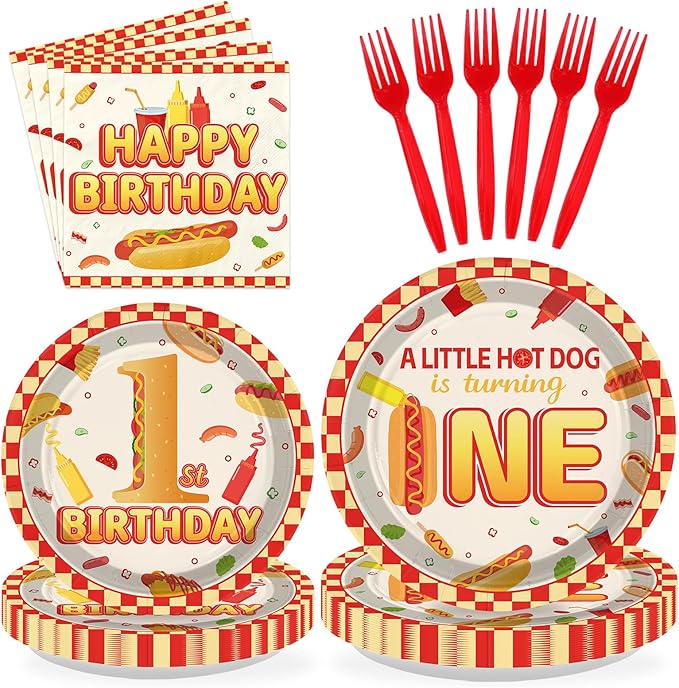 96Pcs Hot Dog Party Supplies 1st Birthday Plates and Napkins Fast Food Sausage Hotdogs Disposable Tableware Sets for Kids Boys One Year Old Birthday Baby Shower Party Decorations Serves 24