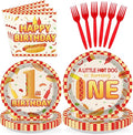 96Pcs Hot Dog Party Supplies 1st Birthday Plates and Napkins Fast Food Sausage Hotdogs Disposable Tableware Sets for Kids Boys One Year Old Birthday Baby Shower Party Decorations Serves 24