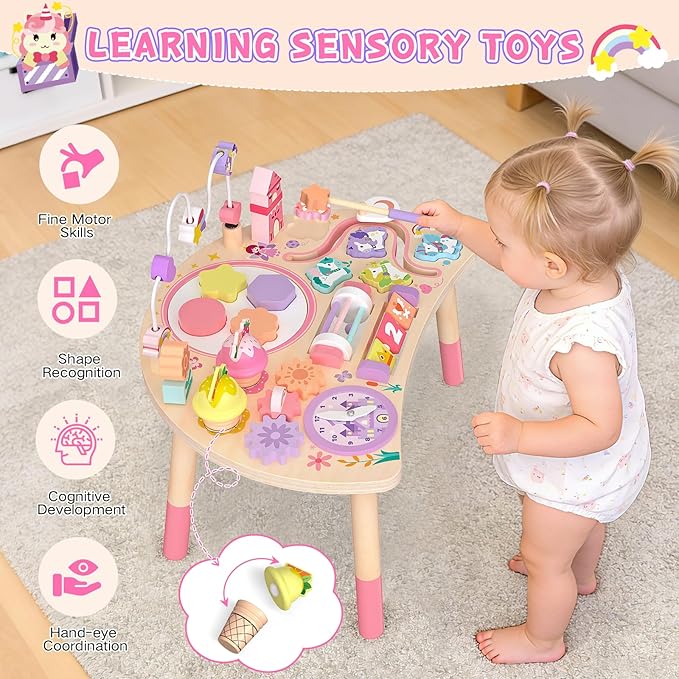 Wooden Activity Table for Toddlers 1-3, Unicorn 10-in-1 Montessori Busy Board with Bead Maze Shape Matching Gears Clock, Sensory Learning Toys for 1 2 3 Year Old Girls Boys Birthday Gift