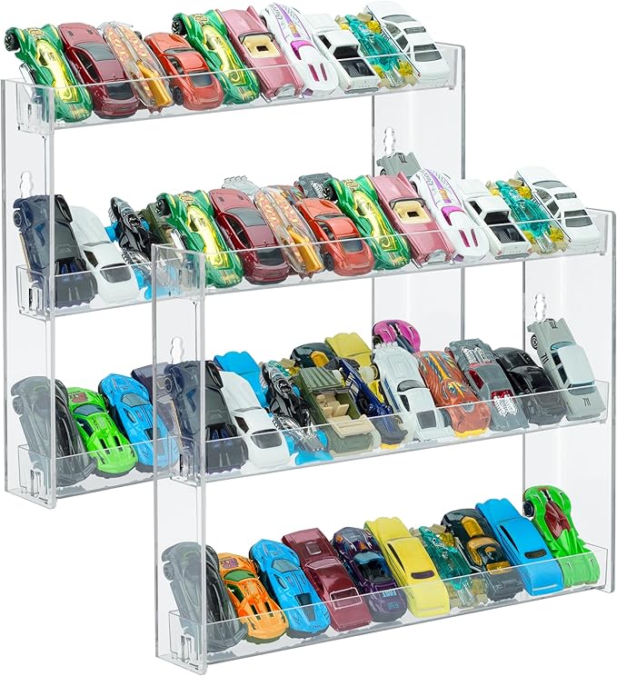[2 Pack] Clear 3-Tier Display Case for 1:64 Toy Cars – Holds 30 Diecast Vehicles, Wall Mounted or Desktop Organizer Rack for Collectors