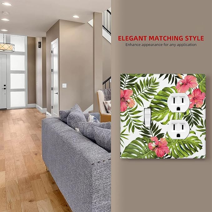 Outlet Covers Tropical Plant Green Palm 2 Gang Combination 1 Toggle/1 Duplex Light Switch Cover Decorative Gfci Wall Plate Electrical Receptacle Switchplate Faceplate for Bathroom Decor