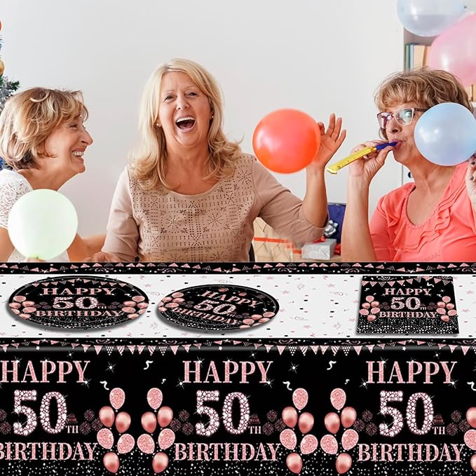 Ryzovo 62Pcs 50th Birthday, Vintage 50 Birthday Black and Rose Gold Disposable Paper Plates and Napkins Party Supplies for 20 Guests, Include 7'' Plates 9'' Plates Napkins and Tablecloth