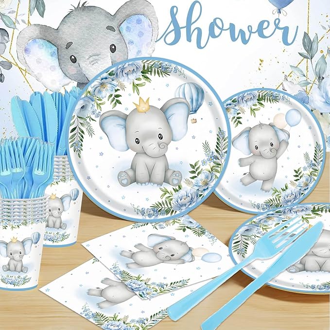 Elephant Baby Boy Shower Party Supplies - 175pcs Blue Elephant Party Decorations Paper Plates Napkins Cups and Utensils Tableware Sets Blue Floral Theme Birthday Party Tableware Set