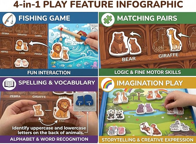TRAVOFUN Noahs Ark Magnetic Travel Games for Kids 3-5 - Foldable 4 in 1 Busy Book, Christian Educational Toys with Fishing, Matching & Spelling,Sunday School Games & Church Activities Kids Gift