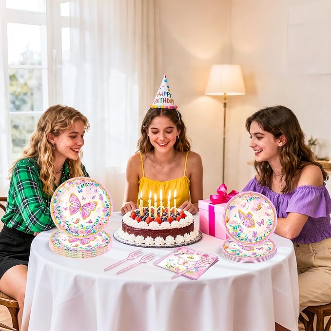 Butterfly Party Supplies for 24 Guests – 96 Pcs Pink Butterfly Disposable Party Tableware Set with Plates, Napkins and Forks, Birthday Decorations for Girls, Baby Shower & Spring Party