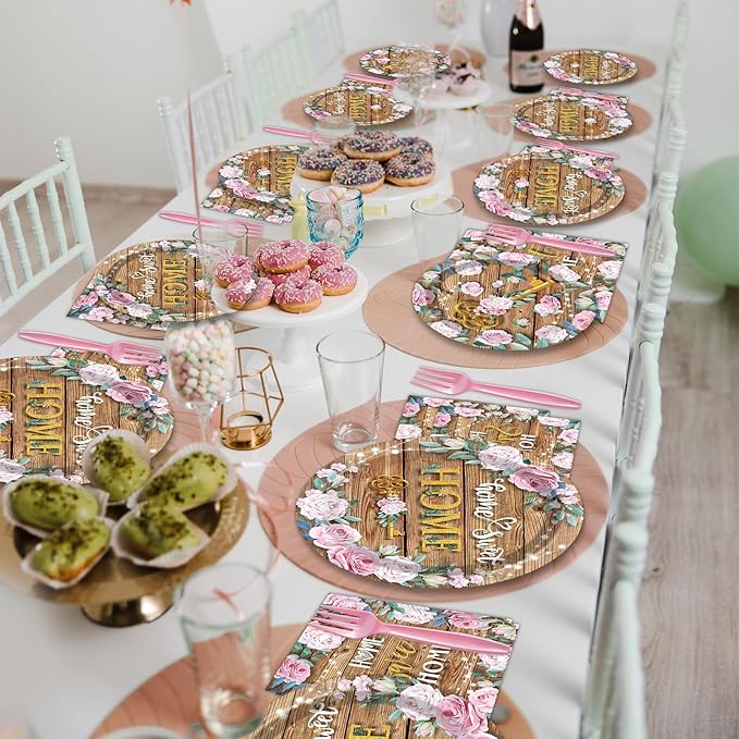 96 Pcs House Warming Decoration Party Plates Napkins Tableware Set Housewarming Paper Party Supplies Disposable Dinnerware Sweet Home Rustic Floral Party Decoration Favors for New House, 24 Guests