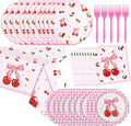 Cherry Party Plates and Napkins Supplies | 25 7inch Dessert Plates | 25 9inch Disposable Plates | 25 Napkins | 25 Forks | 1 Tablecloth for Birthday, Baby Shower,Summer Fruit 1st