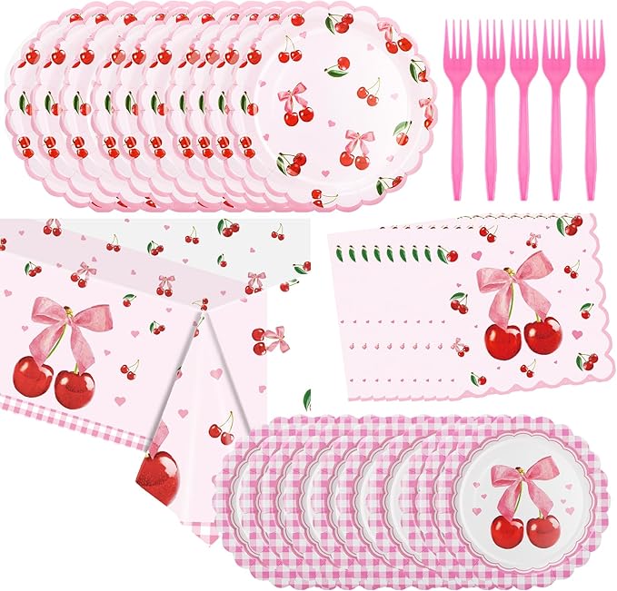 Cherry Party Plates and Napkins Supplies | 25 7inch Dessert Plates | 25 9inch Disposable Plates | 25 Napkins | 25 Forks | 1 Tablecloth for Birthday, Baby Shower,Summer Fruit 1st