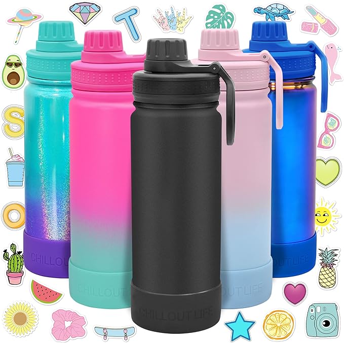 CHILLOUT LIFE 17 oz Kids Insulated Water Bottle for School with Leakproof Spout Lid and Cute Waterproof Stickers, Personalized Stainless Steel Thermos Flask Metal Water Bottle, Black