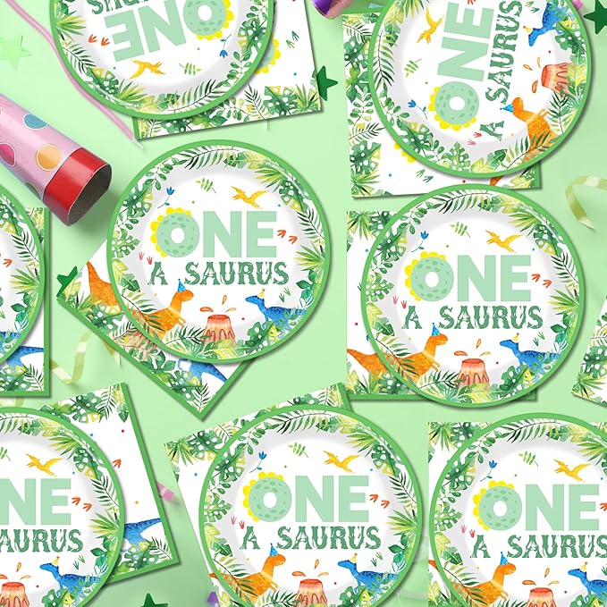 CHUNNIN 50PCS One A Saurus Birthday Party Paper Plates and Napkins Dinosaur First Birthday Decorations Dinosaur First Tableware Set Serves 25 Guests Boy Kids Dino Baby Shower Party Supplies