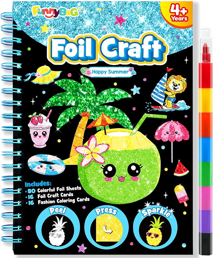 FUNNYB&G Foil Art Crafts for Kids Ages 4-8: Mother's Day 2026, Birthday Gift for Kids, Art and Crafts Supplies, Party Favors, Creative Toys for Kids 4 5 6 7 8 9 Years Old(Summer)
