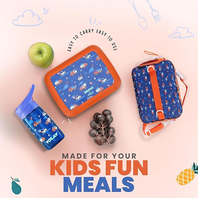 YOLAY Bento Box for Kids Lunch Box Leak-Proof, 5-Compartment Lunch Box Kids for Ages 3-10, Durable with Anti-Slip Base, Suitable for Schools, Outdoor and Travel (Mermaid) (Trucks)