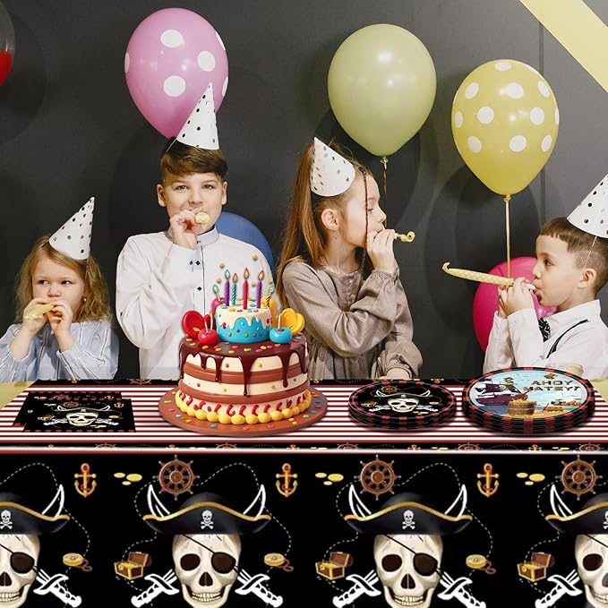 62Pcs Pirate Birthday Party Supplies Decorations, Pirate Treasure Theme Dinnerwares Includes 20pcs 9''Plates and 20pcs 7''Napkins with 2pcs Tablecloth for 20 Guests, Disposable Party Dessert Tableware