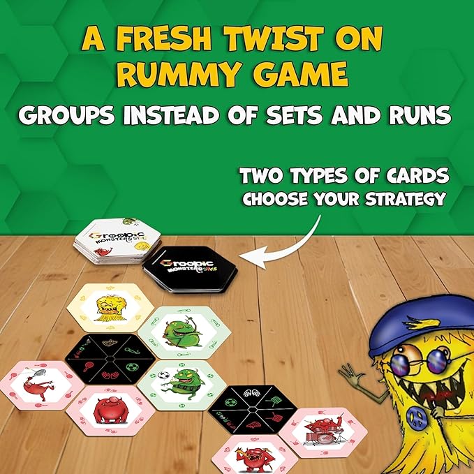 Groopic Monster's Style – Award-Winning and Fun Twist on The Beloved Rummy Game. Board Games for Kids 8-12 & Families, Innovative Rummy Card Game Set. Monster Games for Kids, Ages 8+, Players 2-4