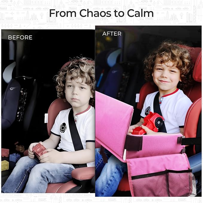 Car Seat Tray for Kids Travel, Carseat Tray for Toddler Road Trip Activities, Car Trays for Kids Road Trip Essentials, Travel Trays for Airplane, Toddler Car Seat Lap Table - Pink
