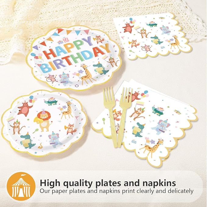 96Pcs Animal Parade Birthday Decorations Circus Carnival Plates and Napkins Circus Animals Birthday Decorations Favors for Kids Boys Girls Baby Shower Festive Circus Theme Party Supplies Serves 24