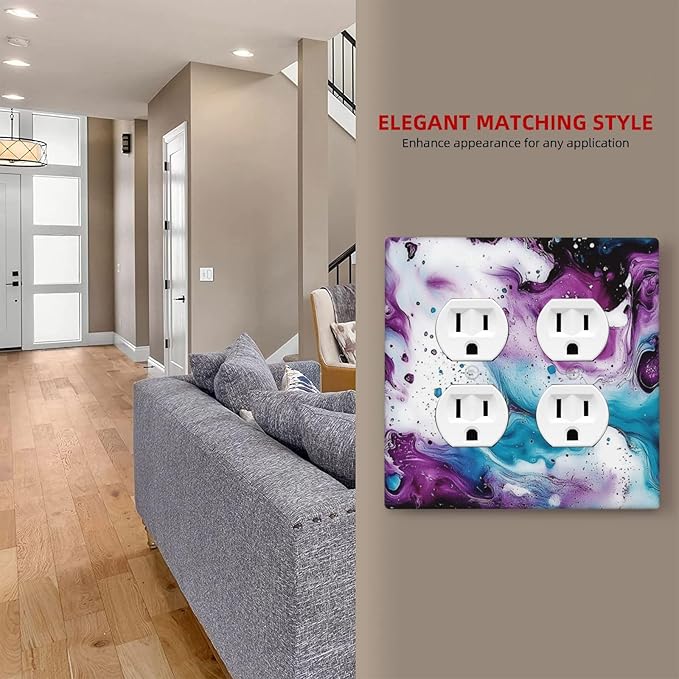 Outlet Covers Purple Blue Swirl Marble Tiles 2 Gang Double Duplex Decorative Light Switch Covers Electrical Wallplates Socket Faceplate For Bed Room Living Room Decor