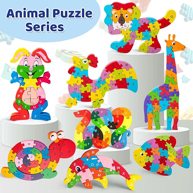 LovesTown Wooden Puzzles for Kids, Double Sided Snake Jigsaw with Alphabet & Numbers, Montessori Educational Toy for Toddlers, Chunky Animal Gift
