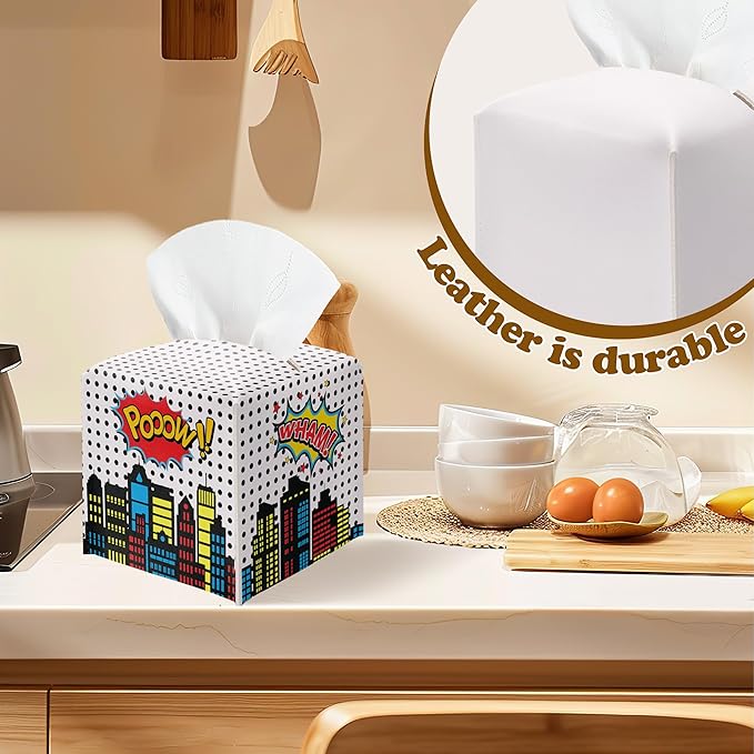 Superhero Comic Cityscape Square Leather Tissue Box Cover – Pow! Superhero Themed Facial Paper Organizer, for Kids & Superhero Fans, Decor for Bathroom, Party & Baby Shower