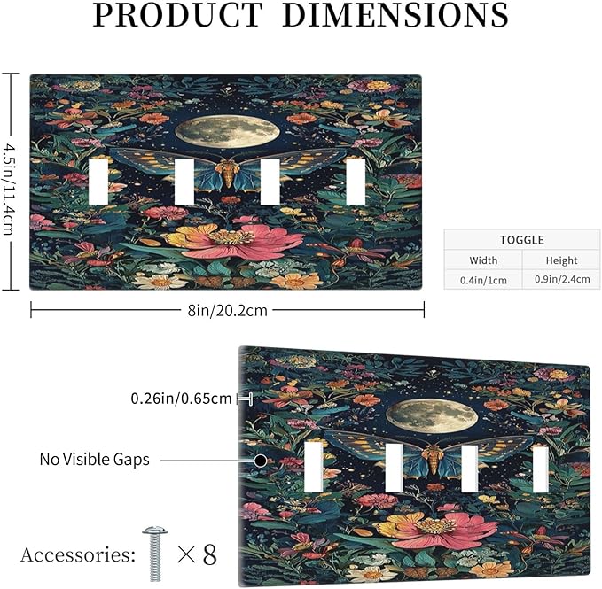 Light Switch Cover Plate Bohemian Moon Butterfly Floral 4 Gang Quad Toggle Wall Plate Electrical Outlet Cover Decorative Switch Plate Covers for Bedroom Cabin Decor