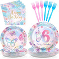 Grencian 96Pcs Butterfly 6th Birthday Party Decorations Butterflies Theme Disposable Sets for Girl Colorful Butterfly Plates, Napkins and Forks, 6 Years Old Birthday Party Supplies Serves 24