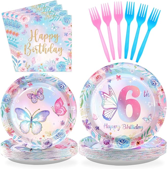 Grencian 96Pcs Butterfly 6th Birthday Party Decorations Butterflies Theme Disposable Sets for Girl Colorful Butterfly Plates, Napkins and Forks, 6 Years Old Birthday Party Supplies Serves 24