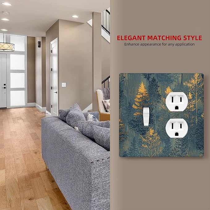 Decorative Switch Cover Plate with Golden Trees & Abstract Gradient Forest Landscape Design Toggle Duplex Wall Plate 2 Gang Light Switch Cover Outlet Covers for Blue Retro Home Decor