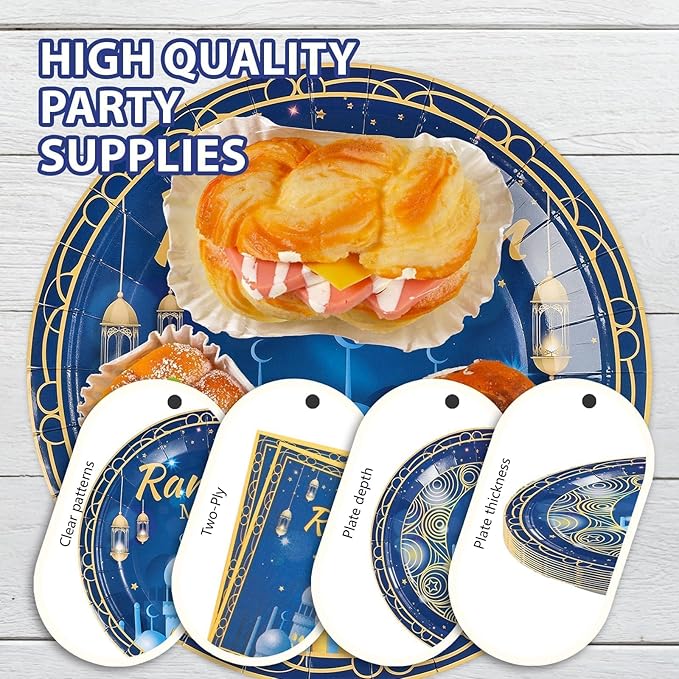 168Pcs Blue Eid Ramadan Decorations for Home Mosque Lantern Moon Plates and Napkins Cups Forks Islamic Muslim Decor Tableware Sets for Eid al-Fitr Decor al-Adha Festival Home Party Supplies Serves 24
