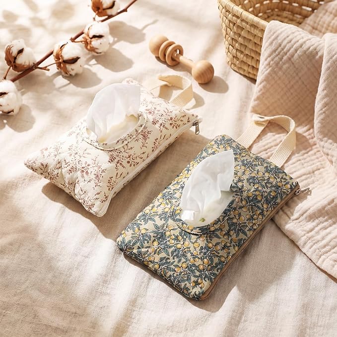 2 Pcs Quilted Diaper and Wipes Pouch Portable Hanging Floral Wet Wipe Bag Diaper Bag Reusable Wipes Pouch for for Stroller Car Travel Infant Diapering Organizer (Mixed Floral)